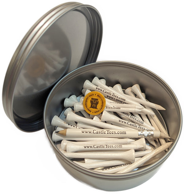 White Straight Tees – 40 x 70mm / 2 ¾ inch White Premium Bamboo Golf Tees in a Tin with Free Ball Marker & Free Pencil. Twice the strength of regular bamboo very strong & durable & a Great Golf Gift.