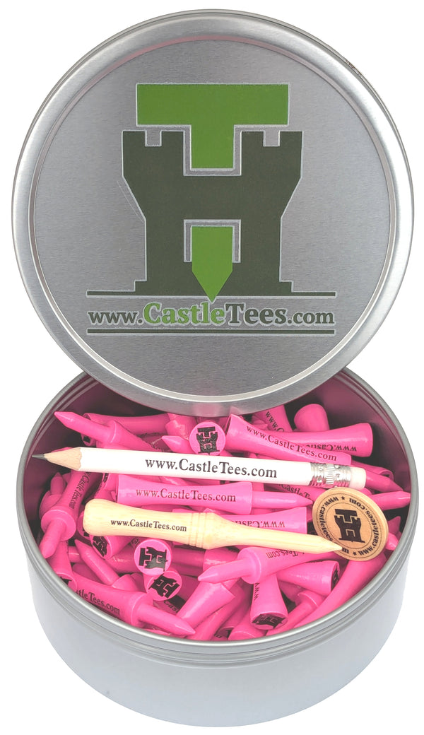 Pink Castle Tees – 40 x 60mm 2 1⁄3 inches Pink Premium Bamboo Golf Tees in a Tin