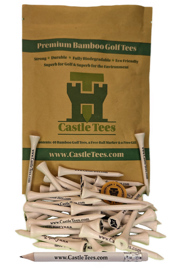 White Straight Tees – 40 x 70mm / 2 ¾ inch White Premium Bamboo Golf Tees in a Biodegradable Bag with Free Ball Marker & Free Pencil. Twice the strength of regular bamboo very strong & durable & a Great Golf Gift.