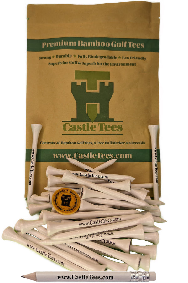 White Straight Tees – 40 x 83mm 3 ¼ inch White Premium Bamboo Golf Tees in a Biodegradable Bag with Free Ball Marker & Free Pencil. Twice the strength of regular bamboo very strong & durable & a Great Golf Gift.