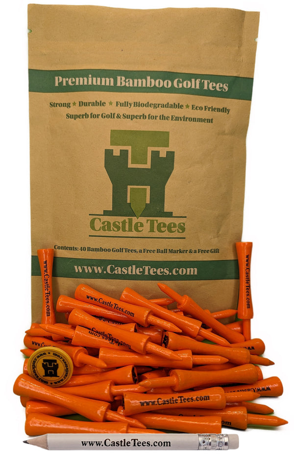 Orange Castle Tees – 40 x 70mm 2 ¾ inches Orange Premium Bamboo Golf Tees in a Biodegradable kraft paper Resealable Bag