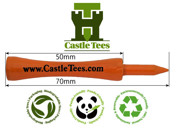 Orange Castle Tees – 40 x 70mm 2 ¾ inches Orange Premium Bamboo Golf Tees in a Biodegradable kraft paper Resealable Bag