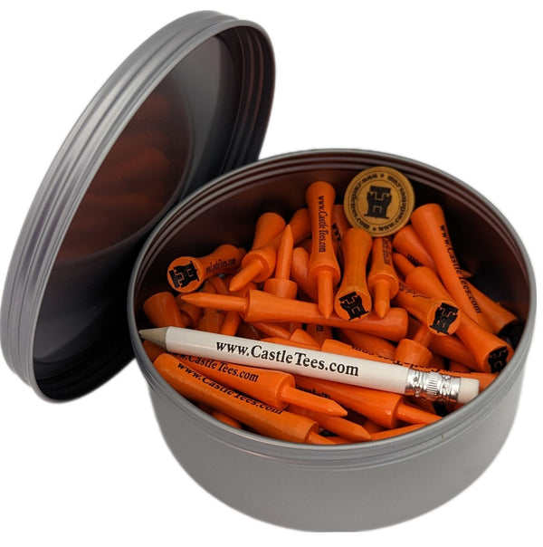 Orange Castle Tees – 40 x 70mm 2 ¾ inches Orange Premium Bamboo Golf Tees in a Tin