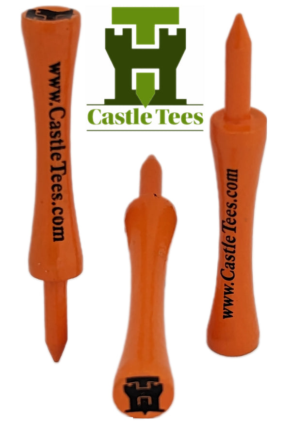 Orange Castle Tees – 40 x 70mm 2 ¾ inches Orange Premium Bamboo Golf Tees in a Tin