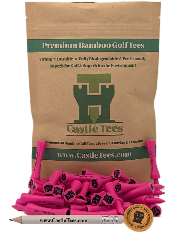 Pink Castle Tees – 40 x 60mm 2 1⁄3 inches Pink Premium Bamboo Golf Tees in a Biodegradable kraft paper Resealable Bag