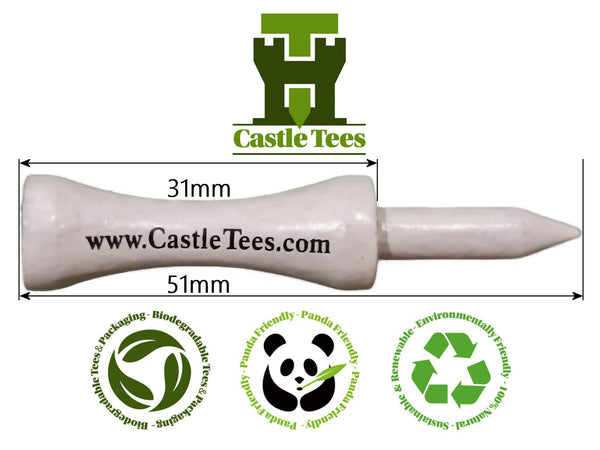 White Castle Tees – 40 x 51mm 2 inch White Premium Bamboo Golf Tees in a Biodegradable kraft paper Resealable Bag