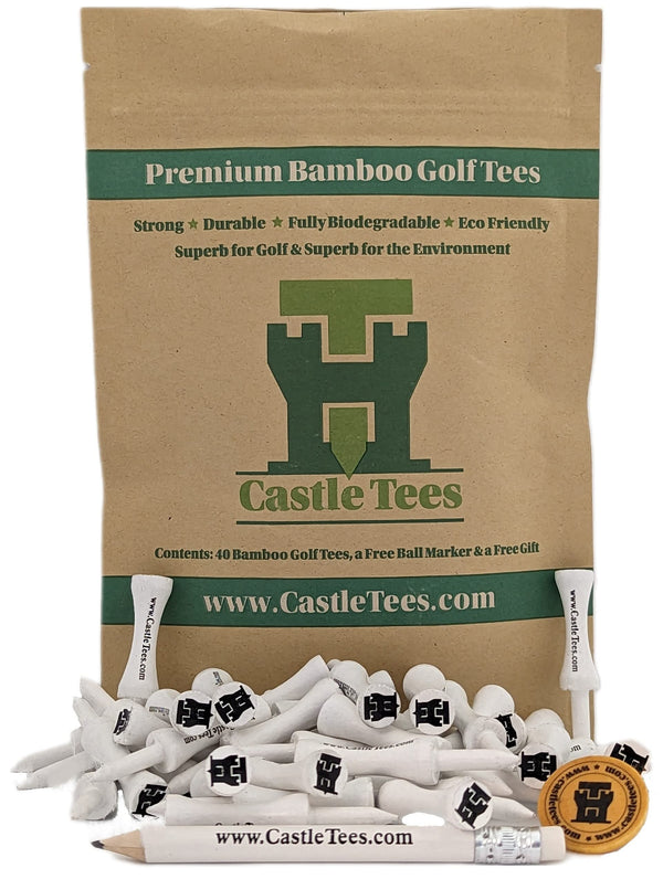 White Castle Tees – 40 x 51mm 2 inch White Premium Bamboo Golf Tees in a Biodegradable kraft paper Resealable Bag